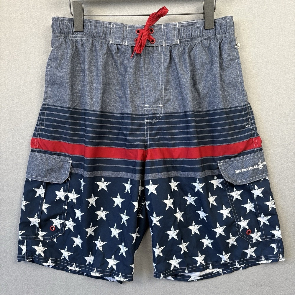 NWT Beverly Hills Polo Club Swim Trunks Men L Coastal‎ Patriotic Beachwear